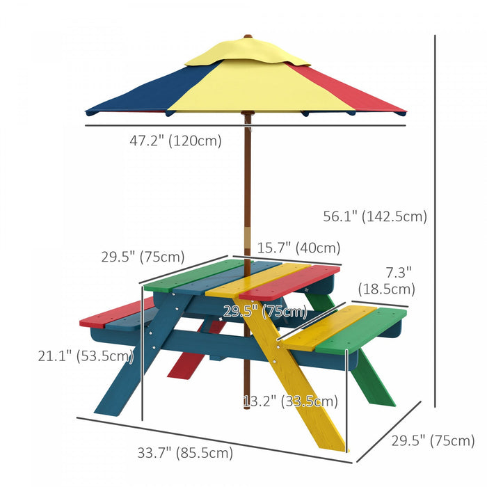 Outsunny Kids Picnic Table Bench Set With Removable Umbrella, Outdoor Wooden Kids Table And Chair Se