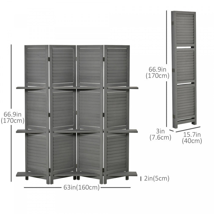 Homcom 5.6ft 4-panel Wooden Room Divider With 3 Storage Shelves
