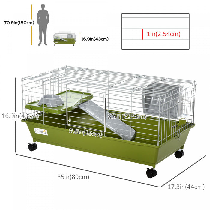 Pawhut 35\" Small Animal Cage, Rolling Bunny Cage, Guinea Pig Cage With Food Dish, Water Bottle, Hay 