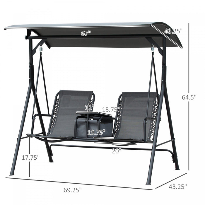 Outsunny 2 Person Patio Swing Chair Porch Swings Bench Swing Glider With Pivot Storage Table, Cup Ho
