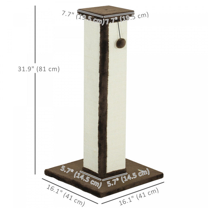 Pawhut 32" Tall Cat Scratching Post For Indoor Cats And Kittens, Vertical Claw Scratcher, Sisal Cat Scratcher With Hanging Ball And Soft Plush, Brown
