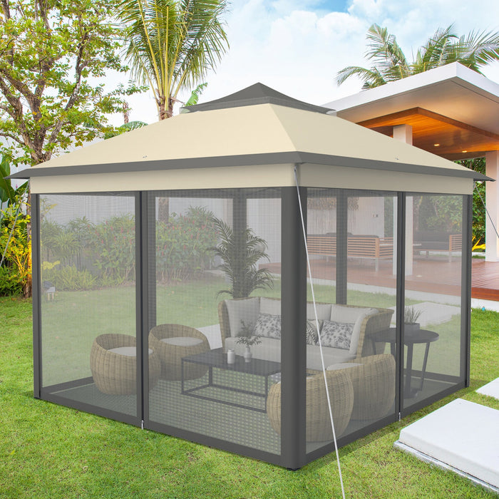 Costway 11'x11' 2-tier Pop-up Gazebo Tent Portable Canopy Shelter Carry Bag Mesh Brown