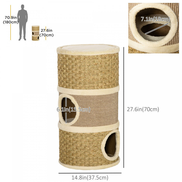 Pawhut Cat Condo 3 Story Three Holes With Sisal Seaweed Scratching Cover Surface, Cat Tower For Indo