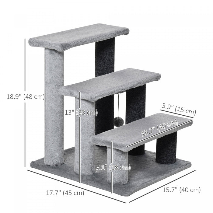 Pawhut Cat Stairs 3 Steps For Bed, Couch With Scratching Posts, Small Cat Tree For Indoor Cats With Toy Ball, 17.5" X 15.5" X 19", Light Grey