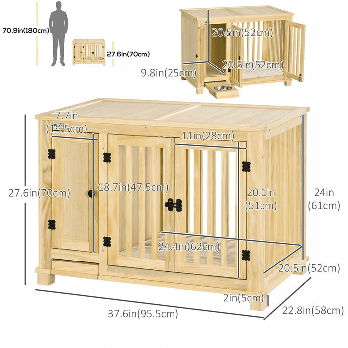 Pawhut Wooden Dog Crate Furniture With Drawer Bowl Storage, Dog Kennel End Table With Cushion For Sm