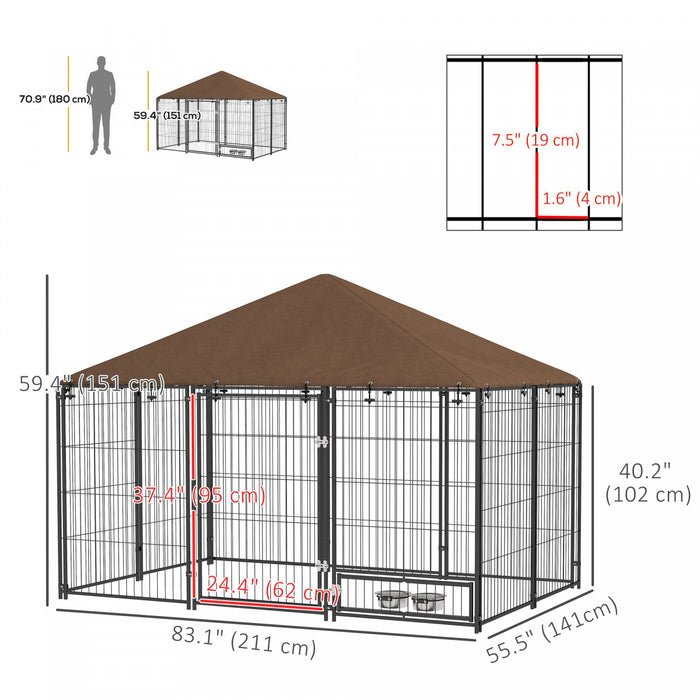 Pawhut Dog Run, 6.9' X 4.6' X 5' Outdoor Dog Kennel With Canopy, Rotating Bowls, Door For Backyard &