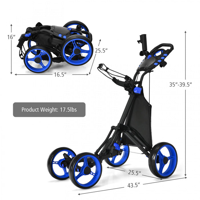 Goplus Folding 4 Wheels Golf Push Cart W/bag Scoreboard Adjustable Handle Blue