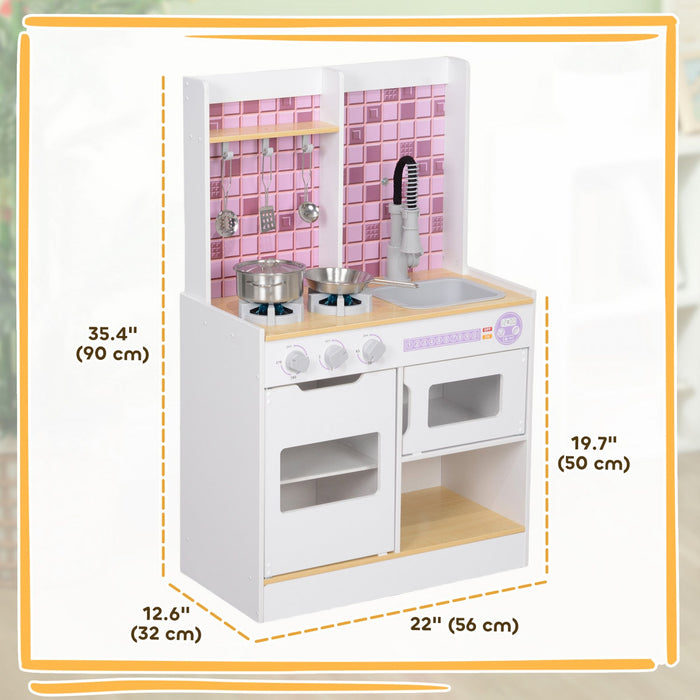 Qaba Play Kitchen, Kids Kitchen Playset With Realistic Lights & Sounds, Sink, Oven, Stove, Pretend P