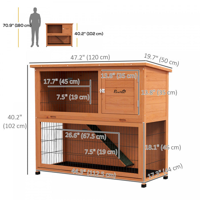 Pawhut Wooden Rabbit Hutch, 2 Tier Outdoor Rabbit Cage With Trays, Ramp, Asphalt Roof, Doors For 1-2