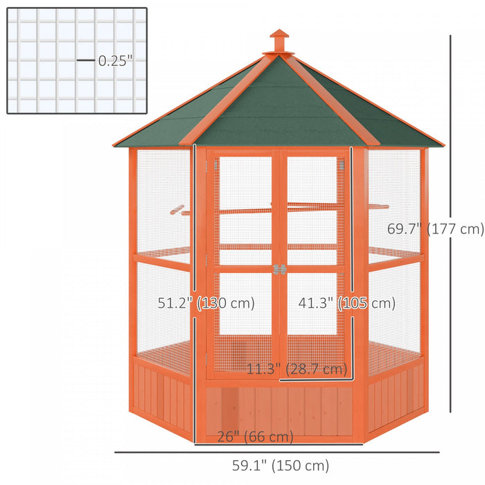 Pawhut Bird Cage, 70"h Wooden Parrot Cage, Large Hexagonal Outdoor Aviary With Asphalt Roof, Doors, Brown