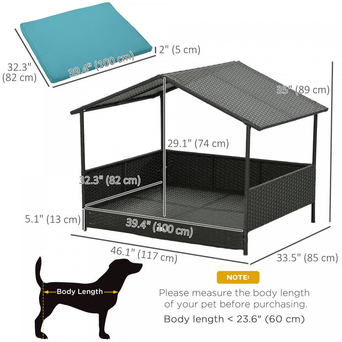 Pawhut Rattan Dog House Outdoor With Shade Canopy, Elevated Wicker Dog Bed With Soft Cushion Washabl