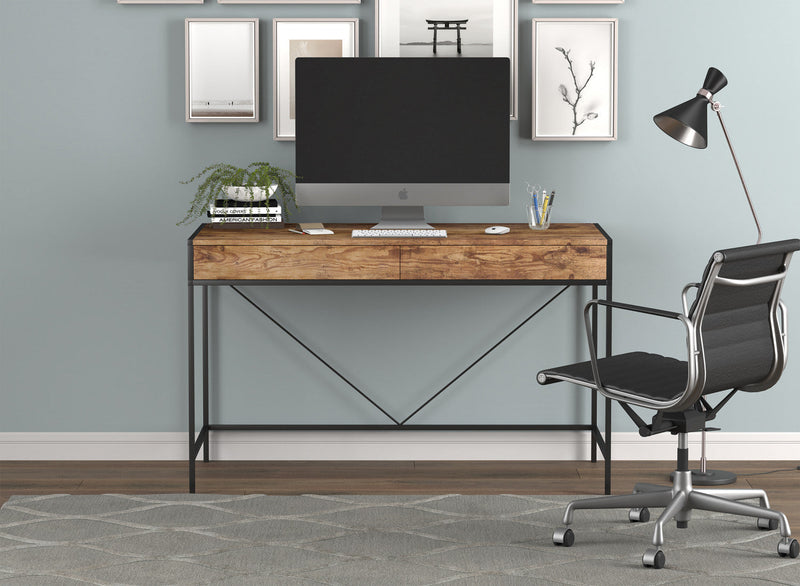 49” Computer Desk With 2 Drawers - Brown Wood With Black Metal 