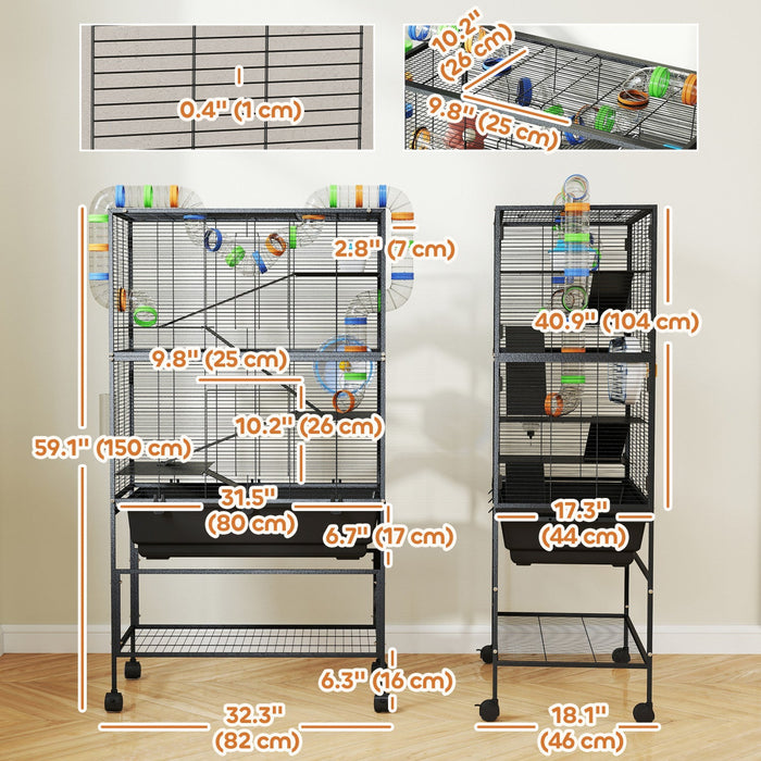 Pawhut Large Hamster Cage With 7" Deep Tray, 5 Tier Rolling Gerbil Cage With Storage Shelf, Big Exercise Wheel, Tube System, Hut, Platforms, Ramps, For Syrian, Gerbil, Rat
