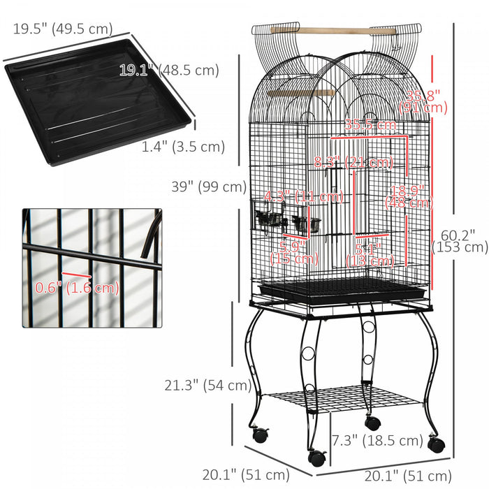 Pawhut 60" Bird Cage With Openable Top, Large Parrot Cage With Rolling Stand, Wheels, Removable Tray, Bowls, Storage Shelf For Cockatie, Sun Conure, Black