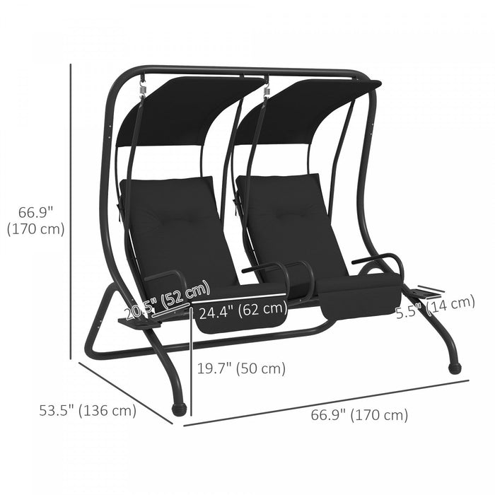 Outsunny 2-seat Patio Swing Chair W/ Removable Canopy & Cup Holders, Black