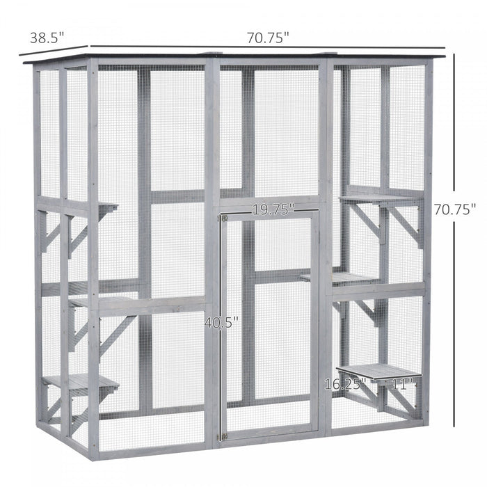 Pawhut Large Outdoor Catio Enclosure, Weatherproof Cat House With Asphalt Roof, Wooden Cat Patio Cag