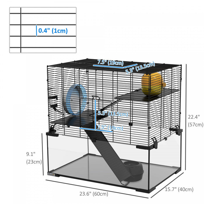 Pawhut Hamster Cage, Gerbil Cage With Glass Basin, Ramps, Platforms, Hut, Exercise Wheel, For Syrian