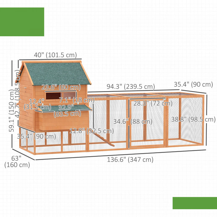 Pawhut 137\" Chicken Coop, Wooden Large Hen House With Chicken Run, Nesting Box, Poultry Cage For Out