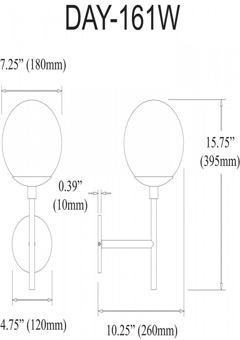 Dainolite Dayana 1 Light Wall Sconce Up Light Matte Black Finish White Glass Lamp