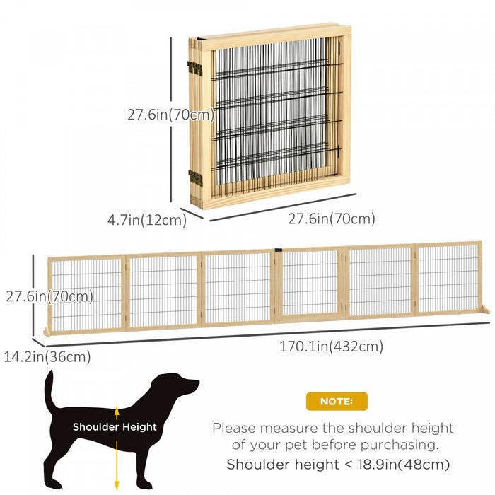 Pawhut Wooden Pet Gate, Dog Safety Barrier, Freestanding Foldable Fence, W/ 6 Panels, 2 Support Feet