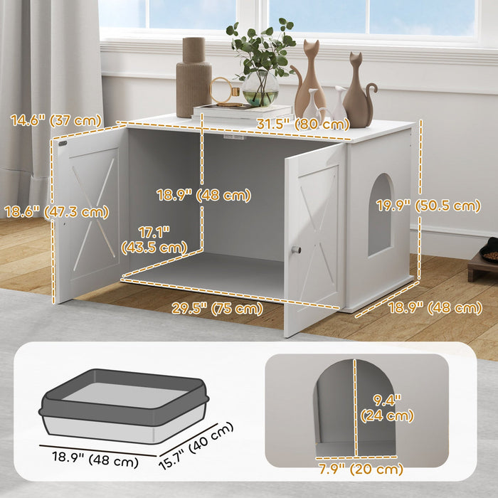 Pawhut Cat Litter Box Enclosure, Hidden Washroom Furniture With Doors, Cat Hole, Handles, Indoor Pet House Side End Table Fit Most Of Cat And Litter Box, 31.5" X 19" X 20", White