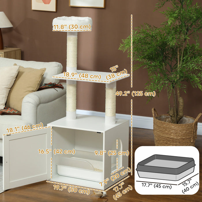 Pawhut Cat Tree With Litter Box Enclosure, Hidden Cat Tower With Sisal Covered Scratching Posts, Large Platform, Bed, Modern Furniture For Indoor Kittens, White
