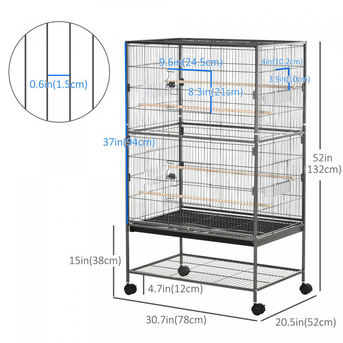 Pawhut 52\" Large Rolling Steel Bird Cage Bird House With Rolling Stand, Storage Shelf, Wood Perch, F