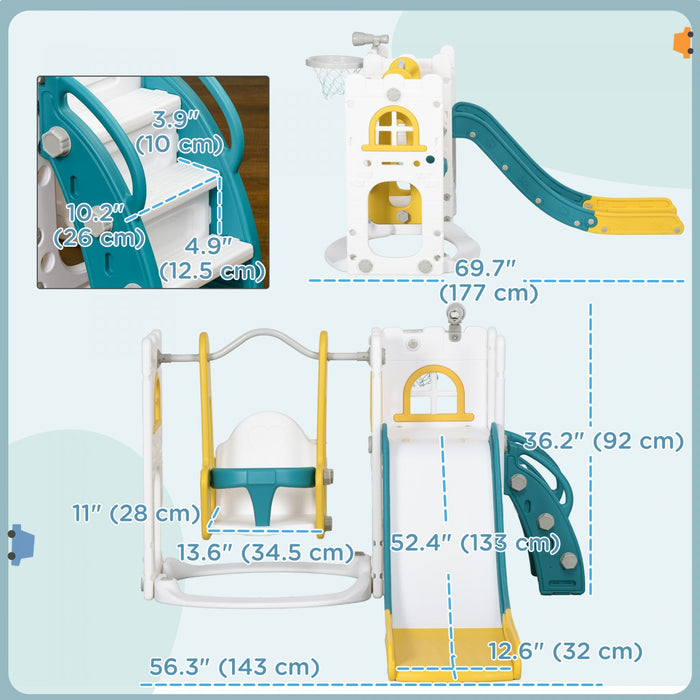 Qaba 6-in-1 Slide And Swing Set With Basketball Hoop, Climber, Baby Swing Set Indoor Playground With