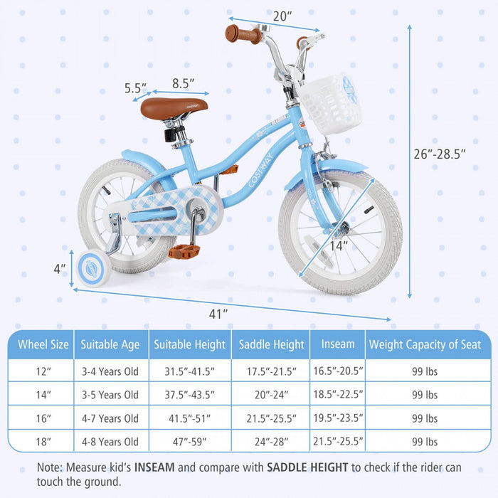 Costway 14" Kid's Bike With Removable Training Wheels & Basket For 3-5 Years Old Blue
