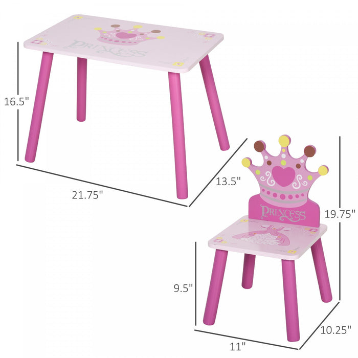 Qaba 3-piece Set Kids Wooden Table Chair With Crown Pattern Easy To Clean Gift For Girls Toddlers Ag