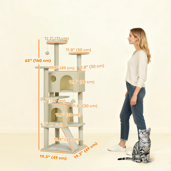 PawHut 63" Cat Tree, Cat Tower for Indoor Cats with Scratching Posts, Cat Condos, Bed, Platforms, Ramp, Toy Ball, Cat Activity Center, Cream White