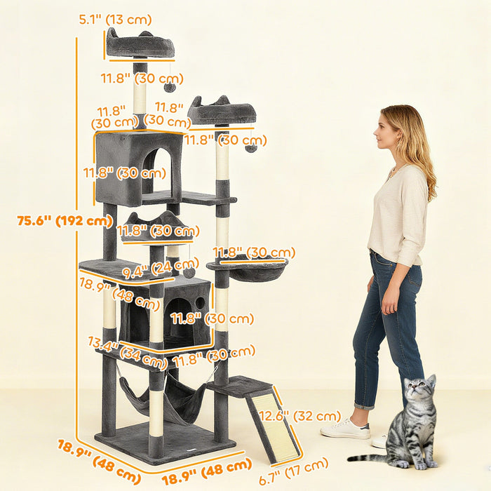 PawHut Cat Tree, 76 Inches Large Multi-Level Cat Tower for Indoor Kittens with 8 Scratching Posts, 3 Plush Beds, 2 Hammocks, 2 Large Condos, Ramp, Pompoms, Dark Grey