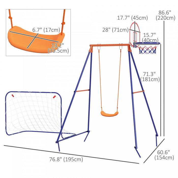 Outsunny Swing Set For Kids Outdoor 3 In 1 Metal Swing Frame With Swing Seat, Basketball Hoop And Fo
