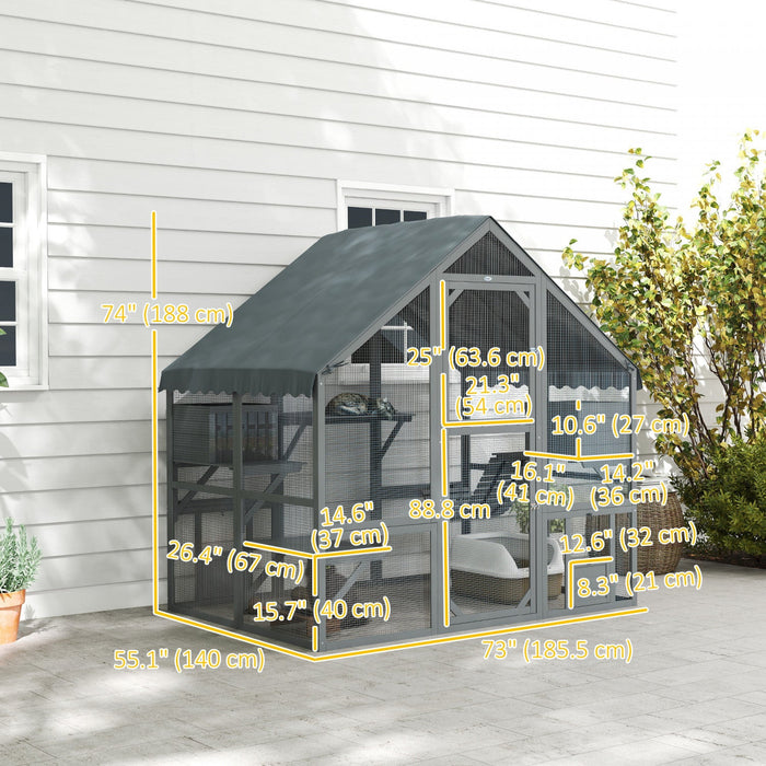Pawhut Catio Outdoor Cat Enclosure, Large Kitten House With Waterproof Cover, 2 Resting Boxes, 4 Platforms, Bridge, Wooden Cat Cage Outdoor For 2-4 Kittens, 73" X 55" X 74", Grey