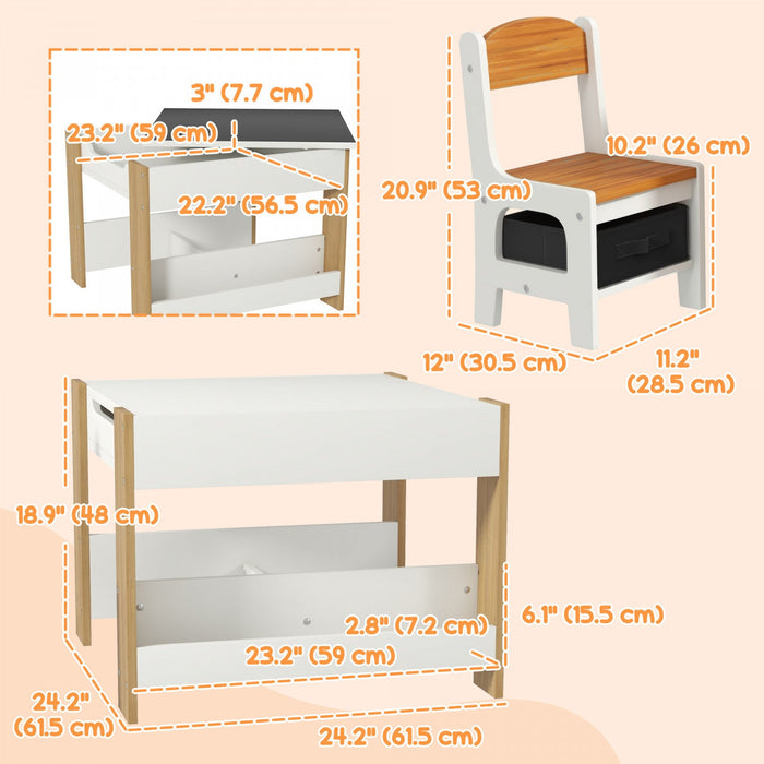 Qaba 3 Piece Kids Table And Chair Set, 2 In 1 Toddler Table And Chair Set With Reversible Tabletop, 