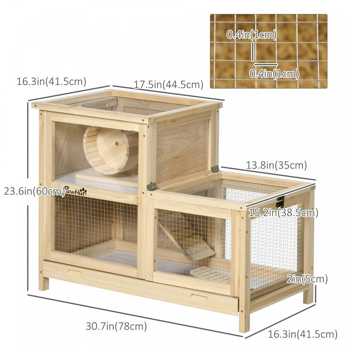 Pawhut Wooden Hamster Cage, Mice Rodent Small Animals Kit Hutch, 2 Tiers Exercise Play House, With S