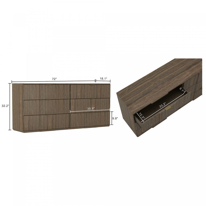 Clive Mid-Century Modern 72\" Dresser in Walnut Brown and Gold (6-Drawer) 