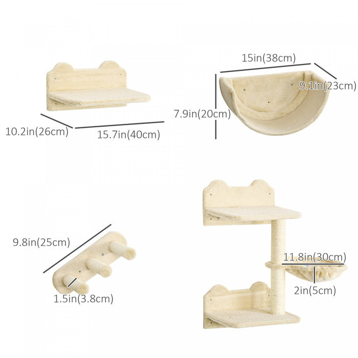 Pawhut Cat Wall Climber With Hammock, Scratching Post, 3 Steps, Jumping Platforms, Cat Wall Shelves 
