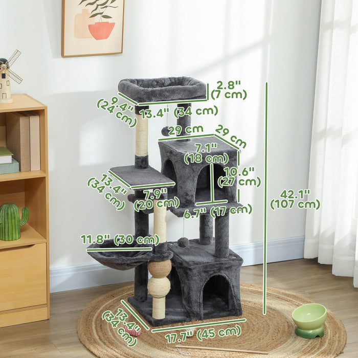 Pawhut Cat Tree, 42" Cat Tower For Indoor Cats Multi-level With Padded Plush Perch, Cozy Hammock, 2 Door Condos, Scratching Posts, Toy Balls, Dark Grey