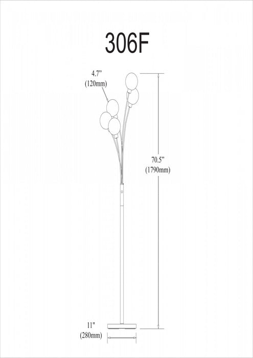 Dainolite Budding Branch 5 Light Floor Lamp Satin Chrome Finish White Glass