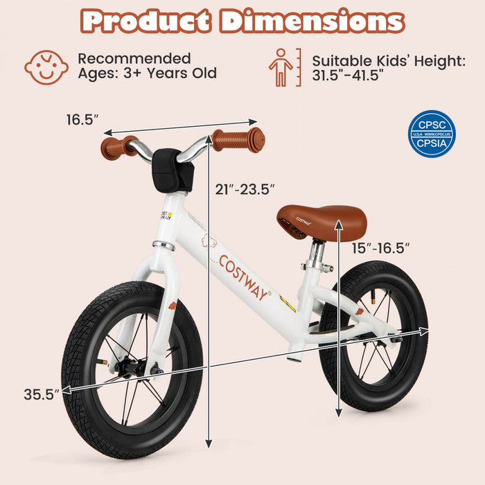 Costway 12 Inch Toddler Balance Bike No Pedal Training Bicycle With Inflatable Rubber Tires White
