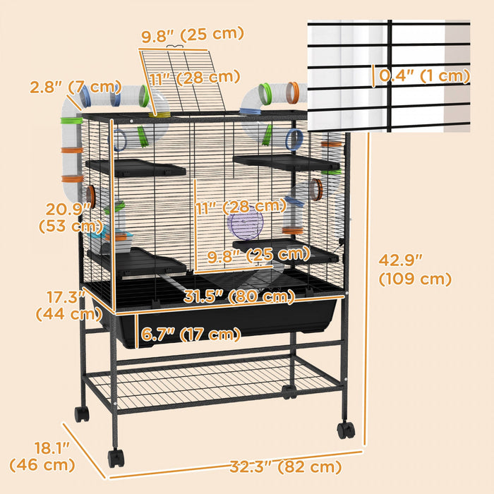 Pawhut 43\" Hamster Cage, Small Animal House Rolling Rat Cage With Tunnel Tube System, Exercise Wheel