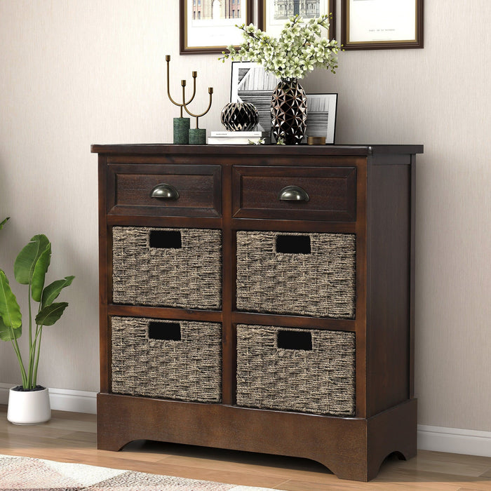 Tobey Solid Wood Storage Cabinet With 2 Drawers And 4 Rattan Baskets,espresso Accent Cabinet 