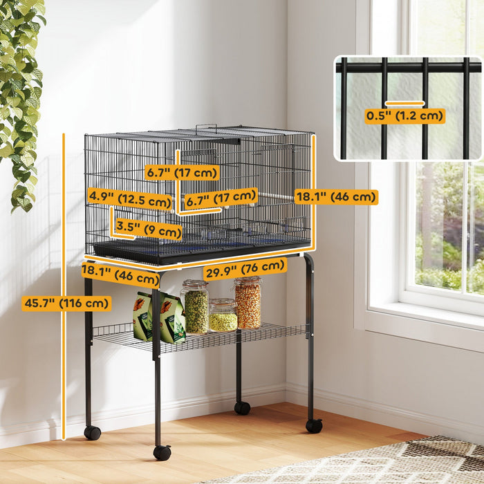 PawHut 46" H Bird Cage, Parakeet Cages for Budgie, Lovebird, Canary, Finches with Divider, Wheeled Stand, Shelf, 4 Wooden Perches, Slide Out Tray, 4 Feeders, Black
