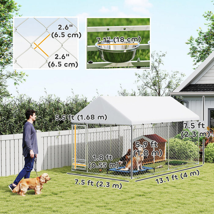 Pawhut Outdoor Dog Kennel With Roof, Heavy Duty Dog Run Outdoor Fence Cage With Adjustable & Rotating Bowls, Waterproof Uv-resistant Cover, Secure Lock, 13.1' X 7.5' X 7.5'