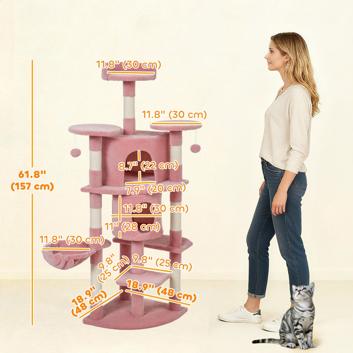 PawHut Cat Tree, 62" Multi-Level Cat Tower with Scratching Posts, 2 Condos, Hammock, Perches, Plush, Pompoms, for Indoor Kittens Playing, Resting, Sleeping, Pink