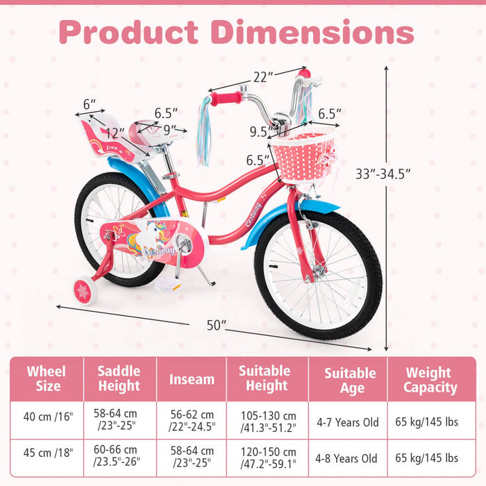 Costway 18" Kids Bike For 4-8 Years Old With Basket Doll Seat & Colorful Streamers Kickstand Pink