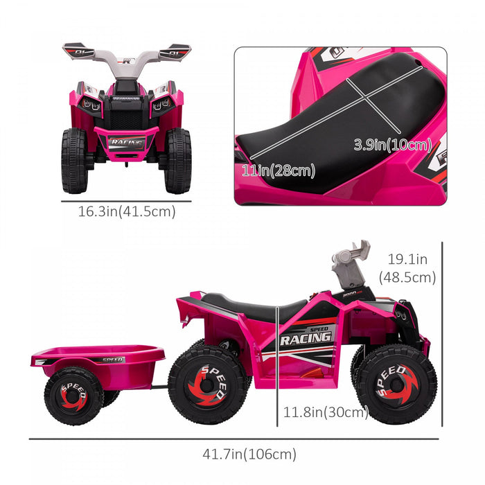 Aosom 6v Kids Atv Quad, Battery Powered Ride-On Electric Vehicle For Kids With Back Trailer, Wear-re