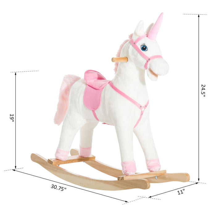Qaba Kids Plush Toy Rocking Horse Unicorn With Realistic Sounds, White & Pink