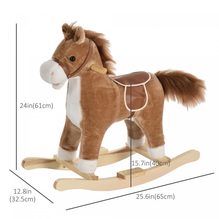 Qaba Rocking Horse Plush Animal On Wooden Rockers With Sounds, Wooden Base, Baby Rocking Chair For 3